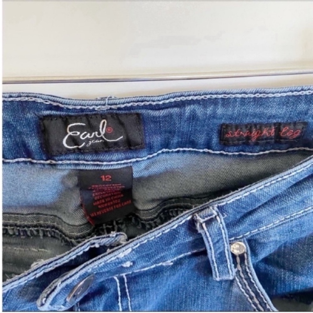 Earl straight leg embellished blue jeans Y2K button flap pockets - Picture 5 of 9